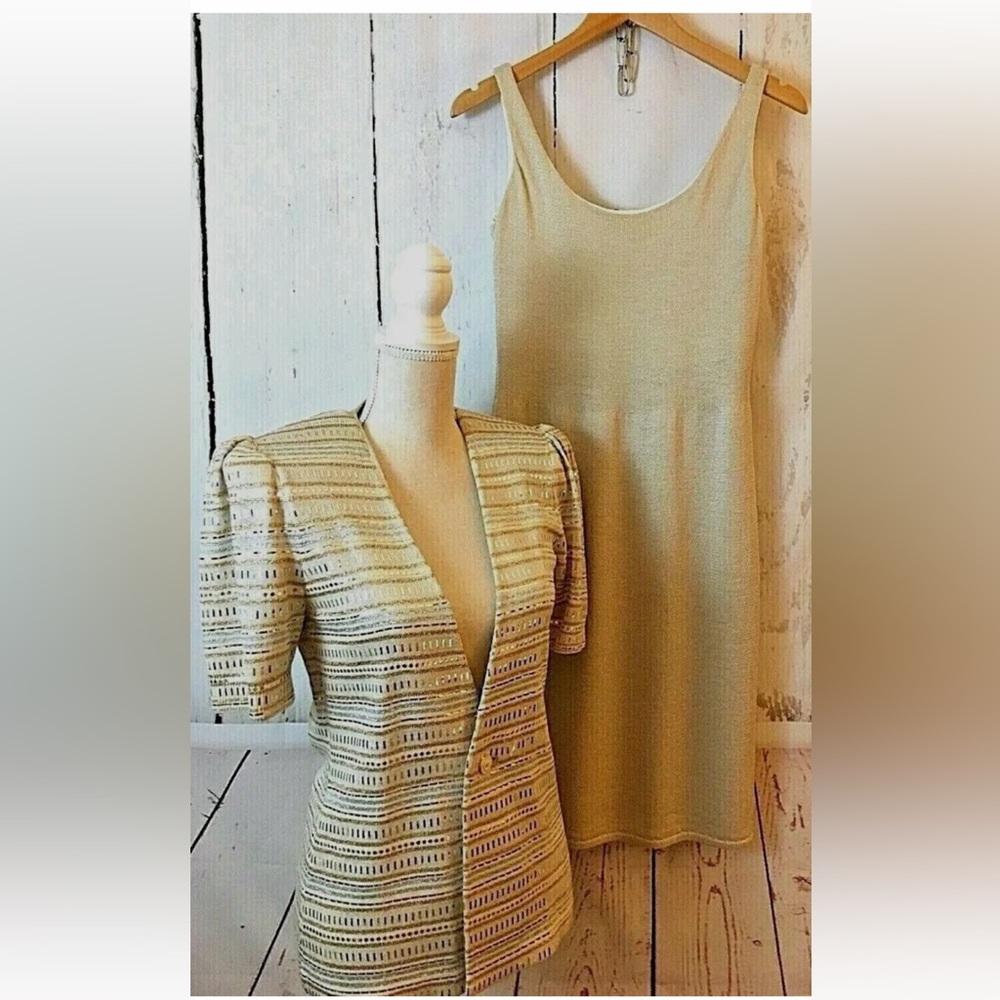St John Marie Gray Sz 6 Dress and Cardigan Set Metallic Paillettes Hold Silver